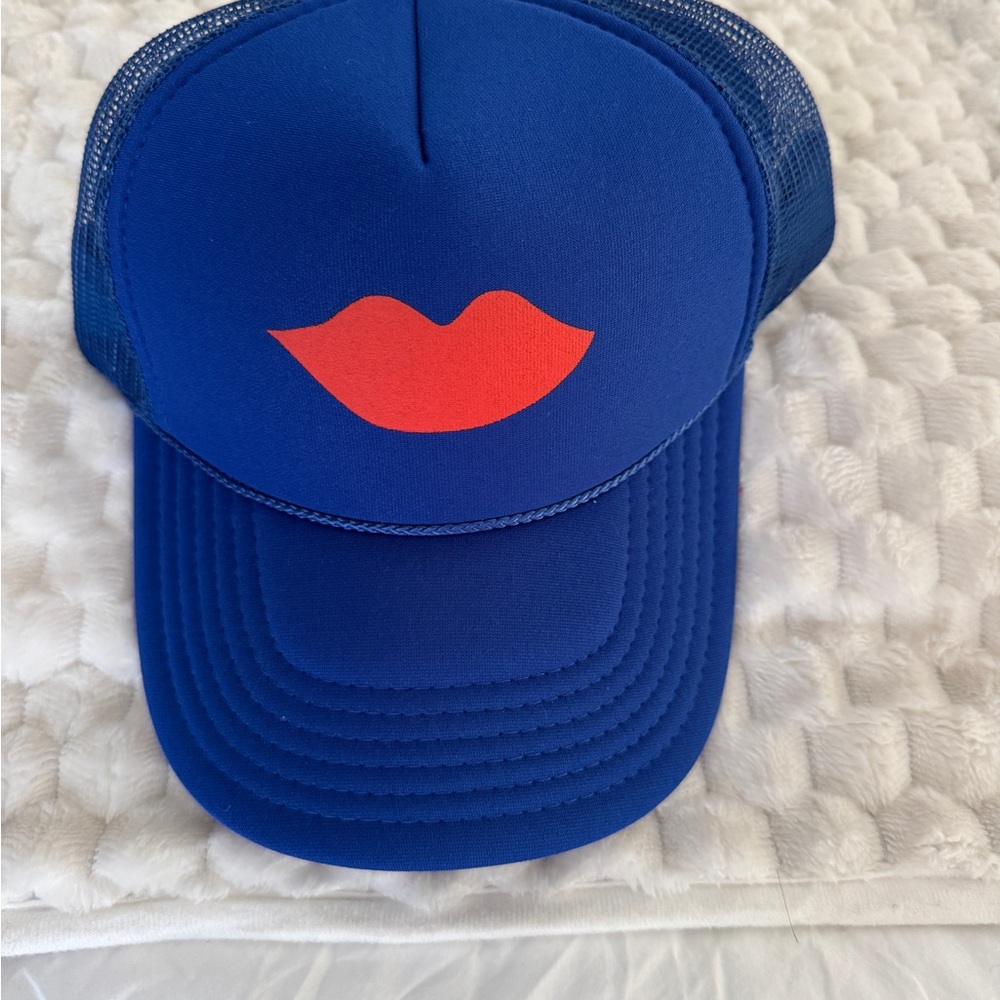 Clare V NAVY Blue Trucker Hat with Red Lips Design